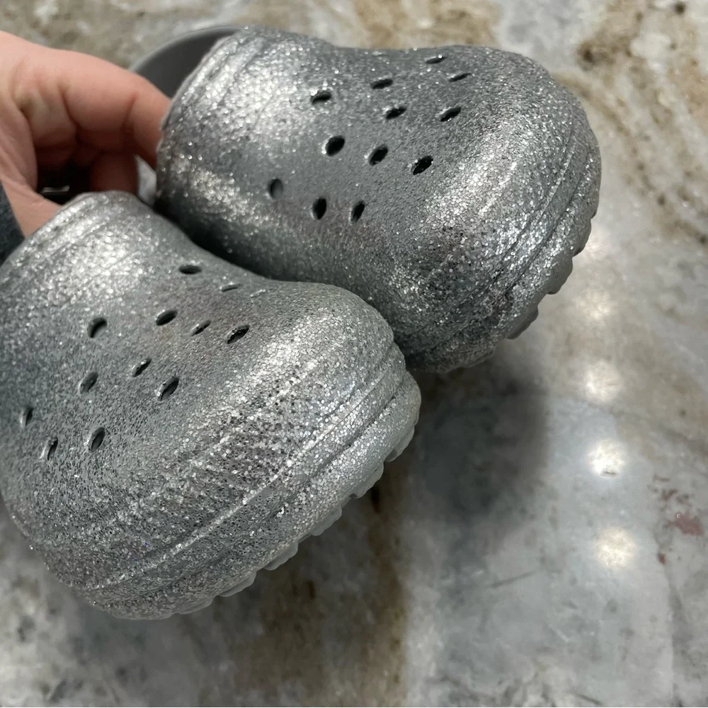 Crocs Classic Glitter Lined Clogs 'Silver Grey' 205937-00N Size C12 Toddler